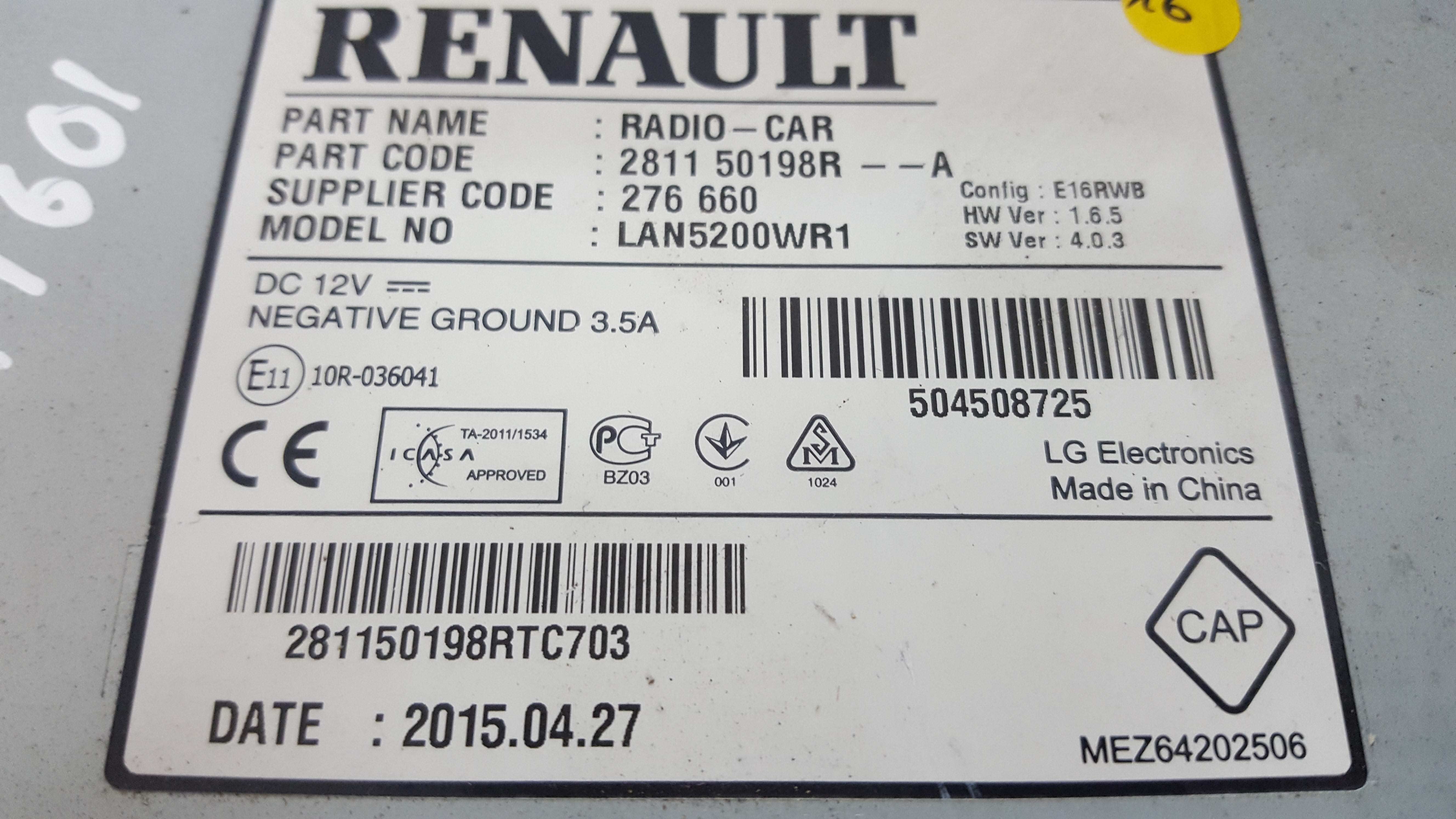 Renault Trafic 2014-2018 SAT Nav Media Player Head Unit Code 281150198R - Store - Renault Breakers - Used Renault Car & Spares Specialist