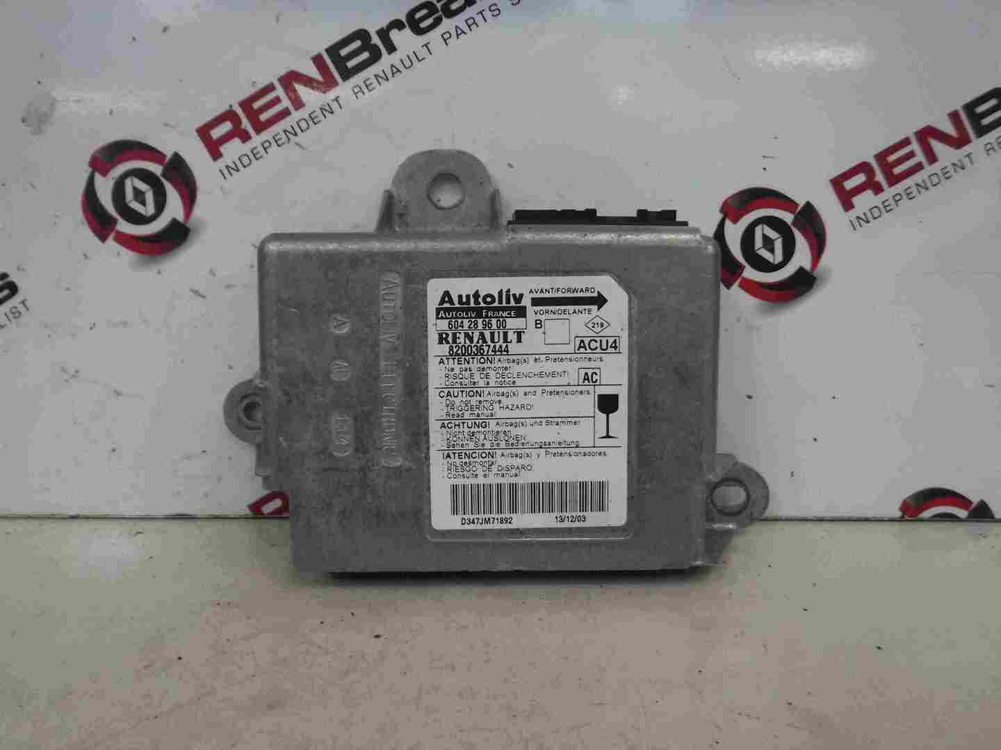 Renault Megane 2002-2008 Airbag ECU Module Computer 8200367444 604289600